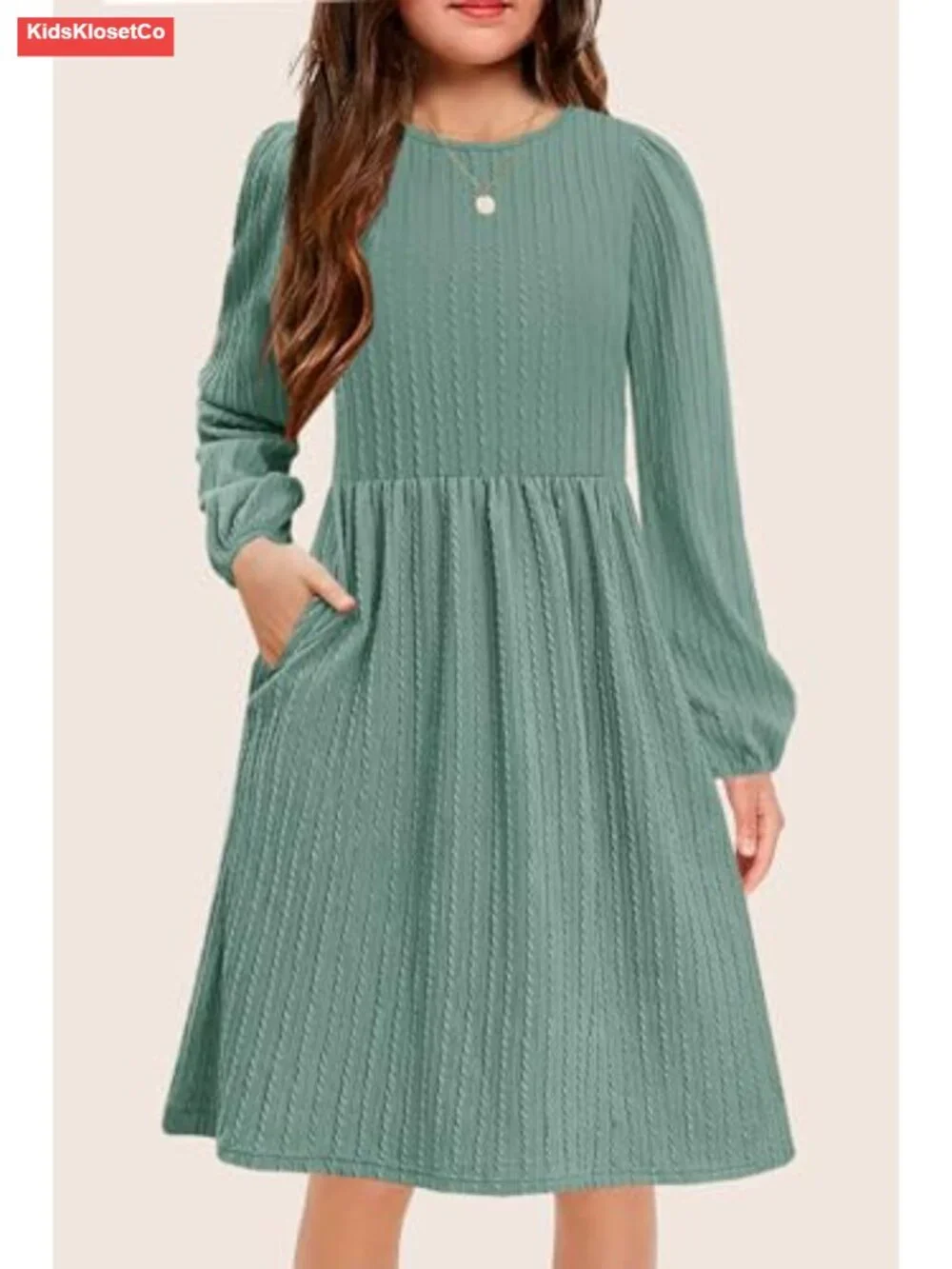 Girls Knit Sweater Dress Long Sleeve A-Line Pockets
